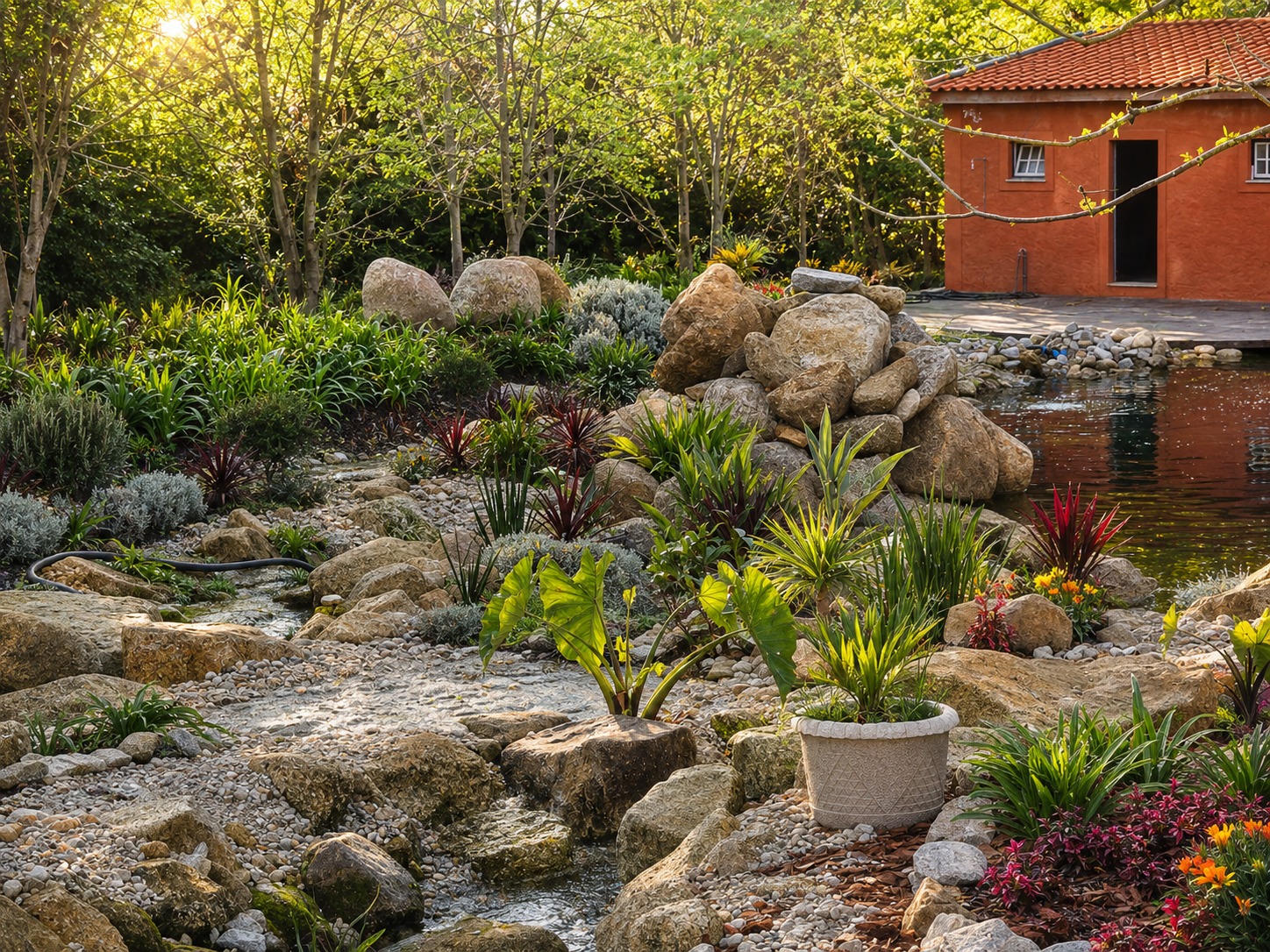 A stone rill running through planting at golden hour, terracotta pavilion behind