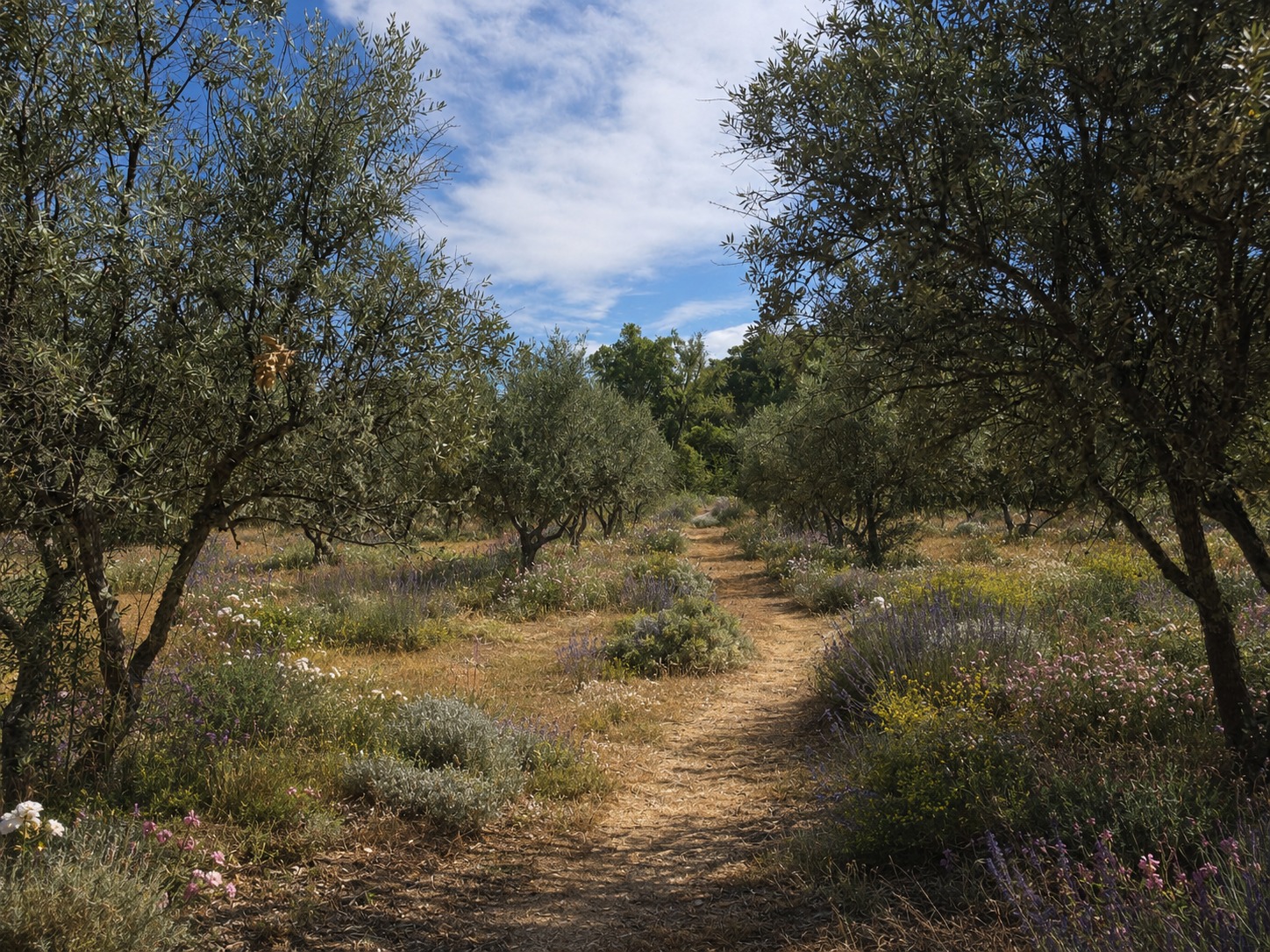 A sunlit path through the olive grove, underplanted with lavender and wildflowers