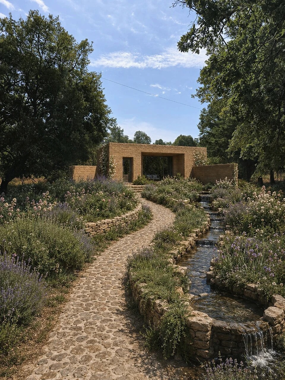 Visualisation of the rectangular earthen pavilion beside a stone rill