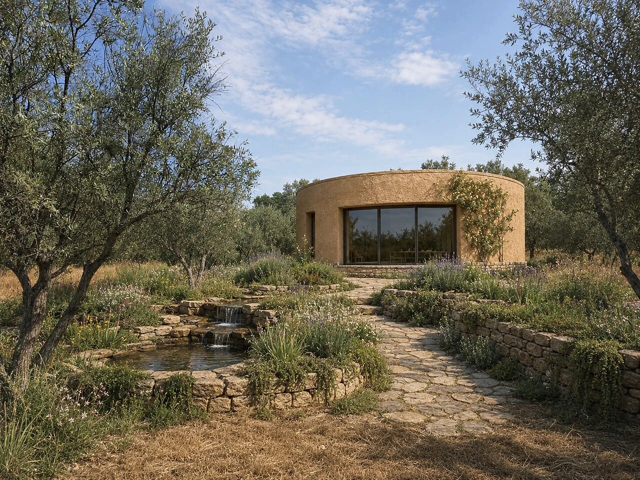 Visualisation of a round earthen villa above a stone-edged pool, held by planted terraces