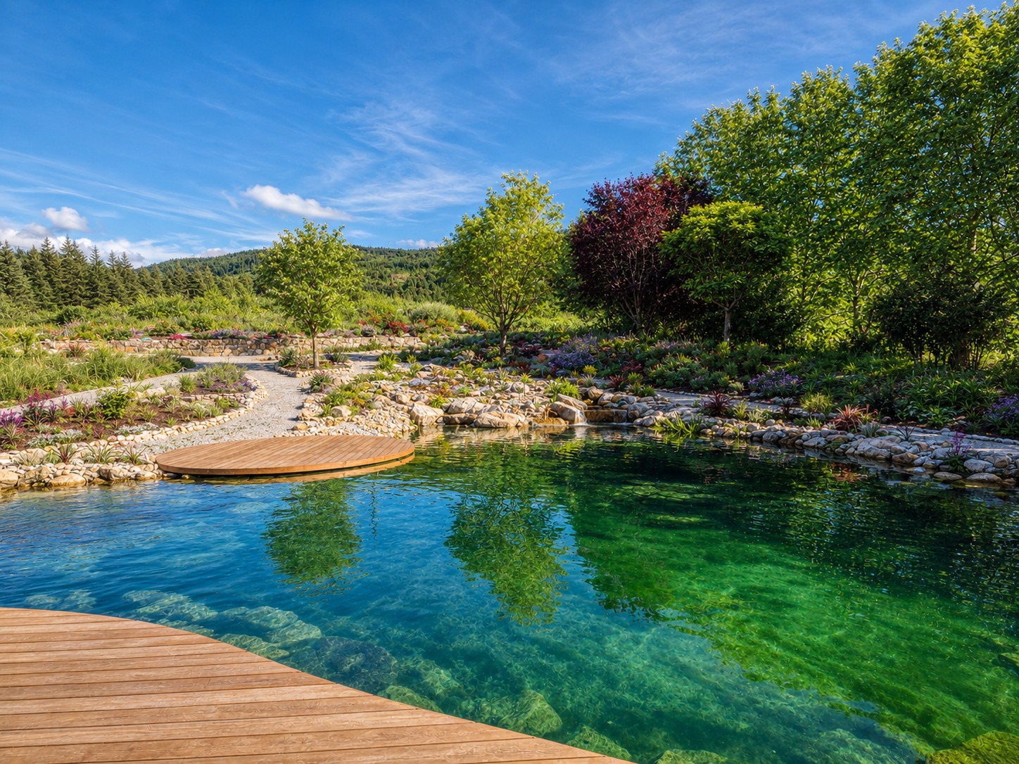 A clear natural swimming pond with timber decking and planted borders