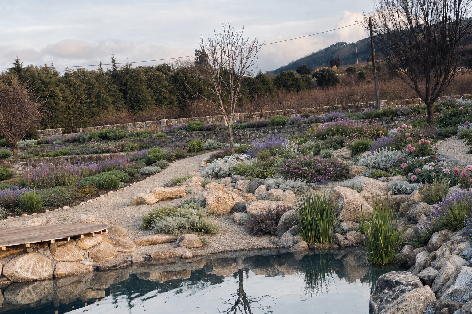 Stone terraces of lavender and perennials stepping down to a still pond, forest and hill behind