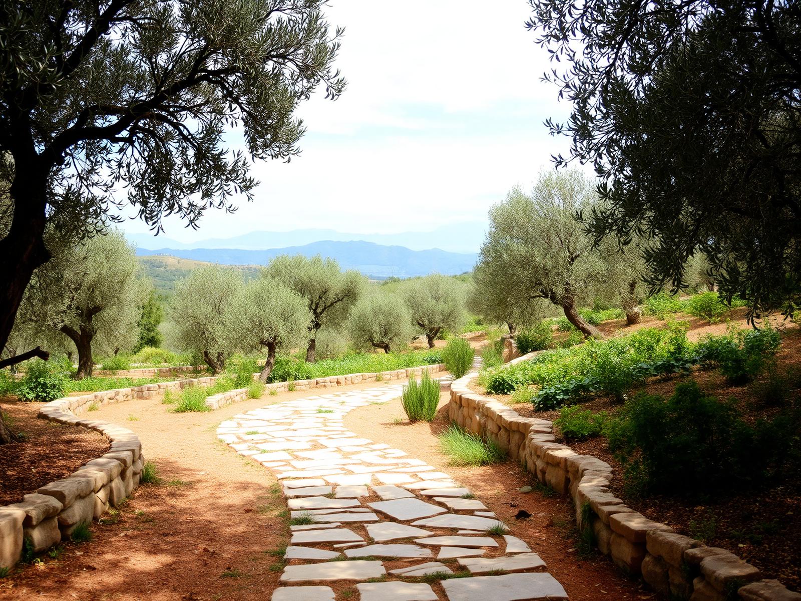 Stone path through olive terraces with mountains in the distance