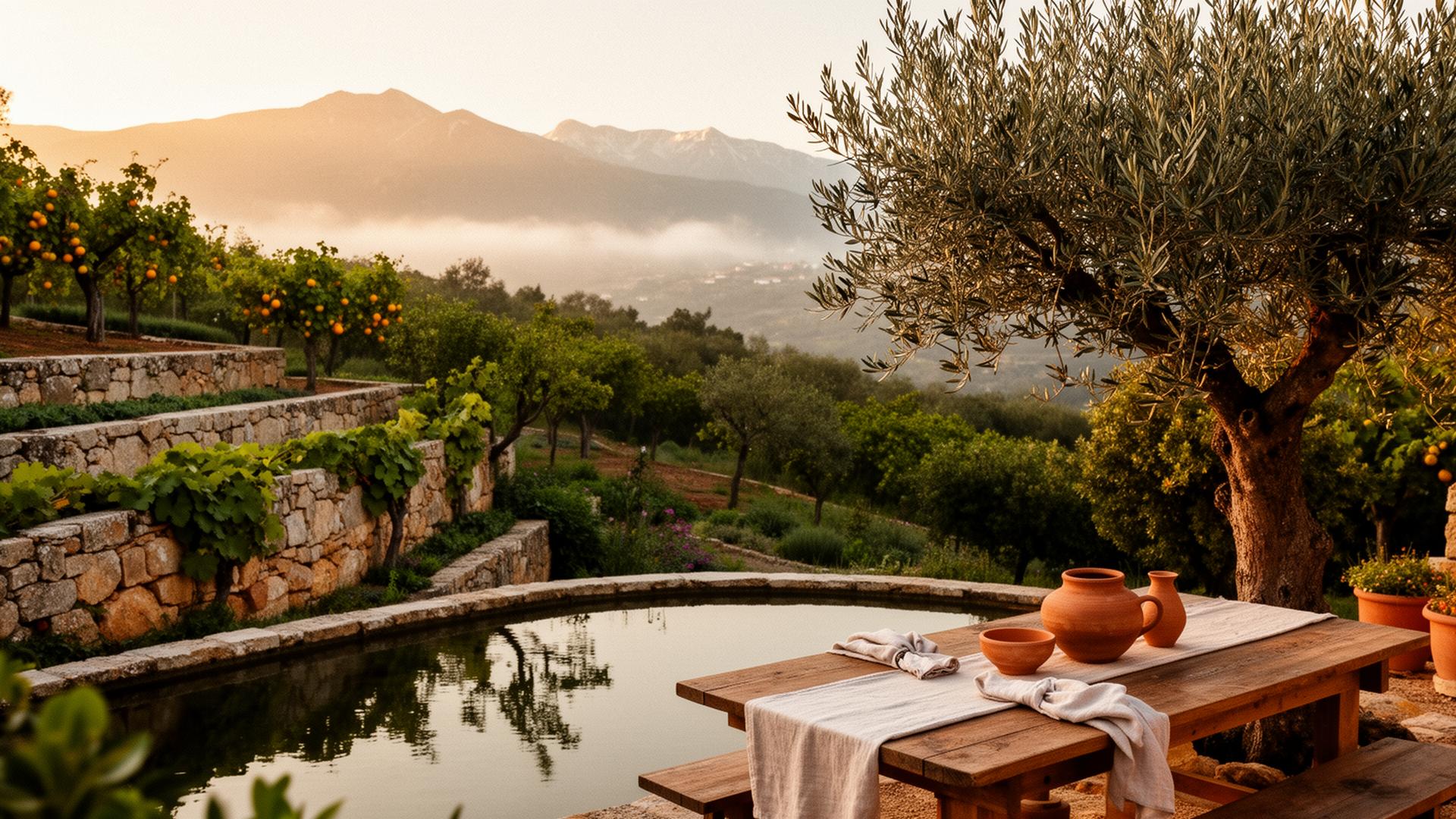 A Portuguese garden sanctuary at golden hour, terraces descending toward a still pond