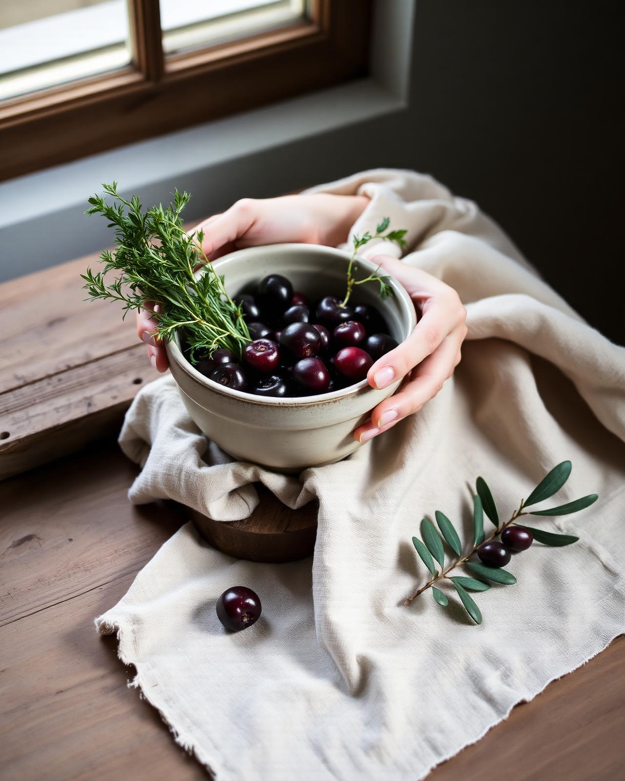 Hands harvesting herbs and cherries into a ceramic bowl