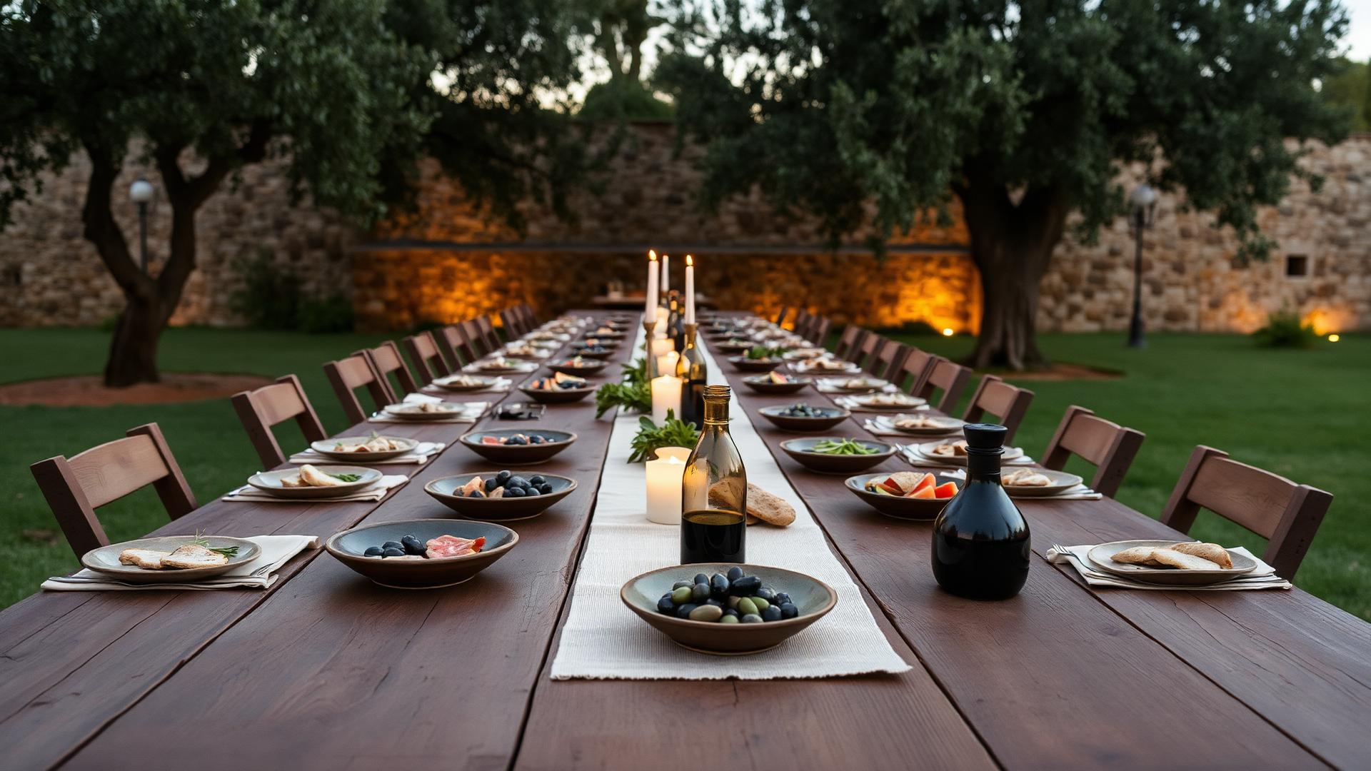 A long communal wooden table set outdoors at dusk under olive trees