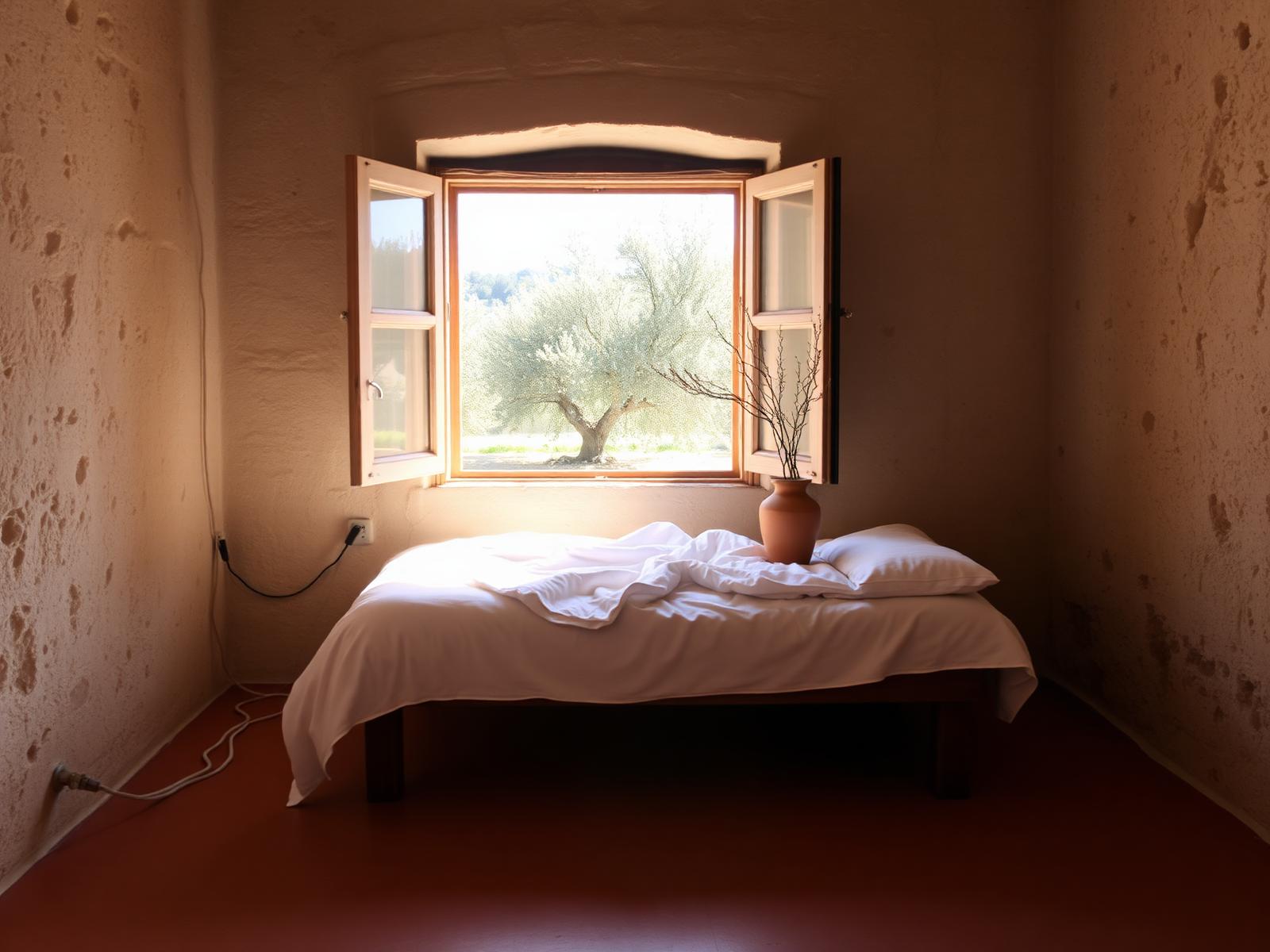 Simple bedroom in a stone Portuguese cottage with linen on the bed and an open window to an olive grove
